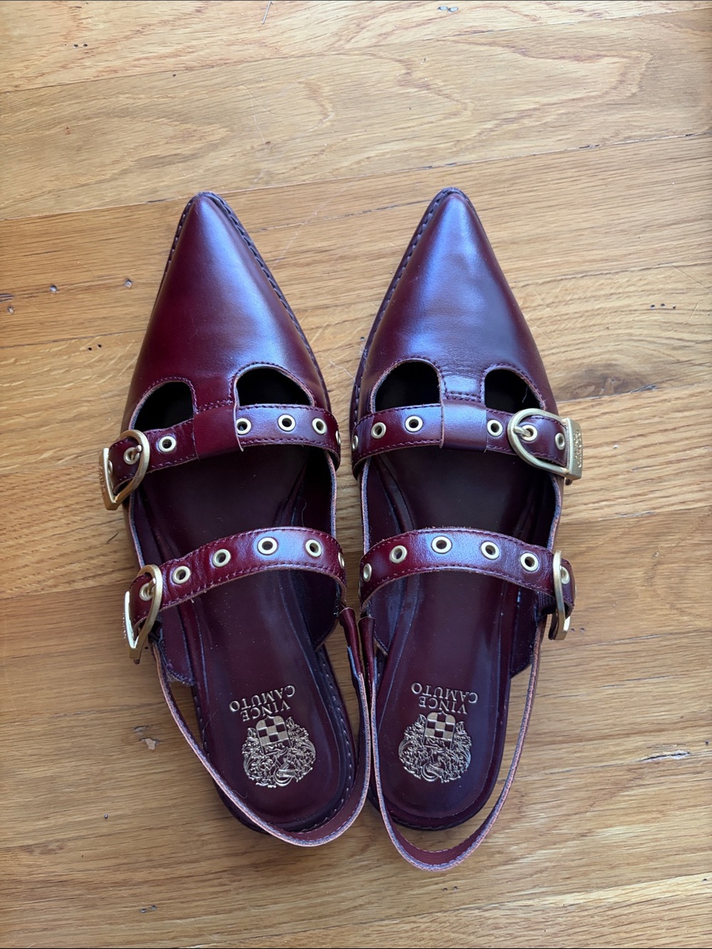 Vince Camuto Burgundy Pointed-Toe Double-Strap Flats with Gold Buckles